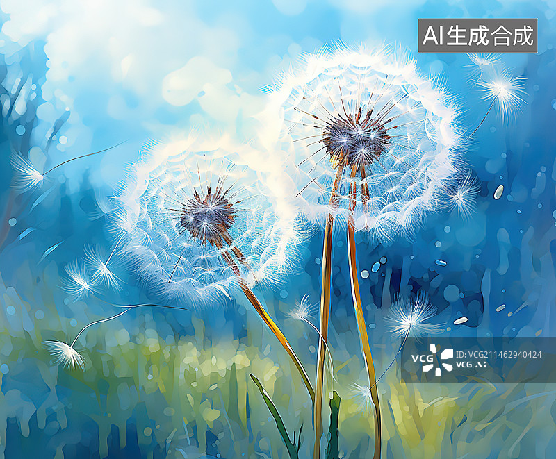 【AI数字艺术】蒲公英种子在蓝天下生长的低角度视图图片素材