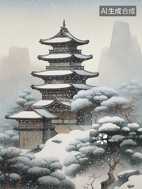 【AI数字艺术】国风意境风景古建筑插画，冬季水墨房屋雪景概念插图图片素材
