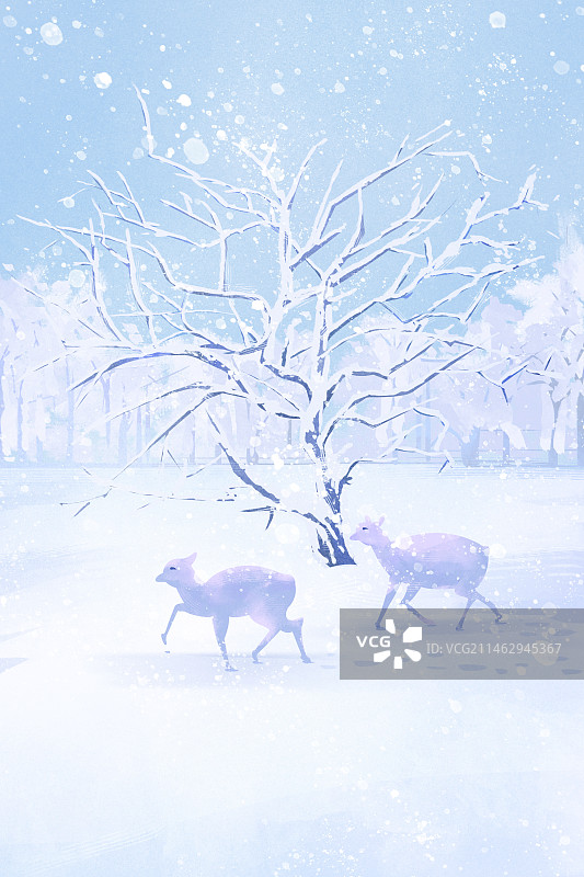 冬季雪地里的麋鹿插画，静谧白色场景插画图片素材