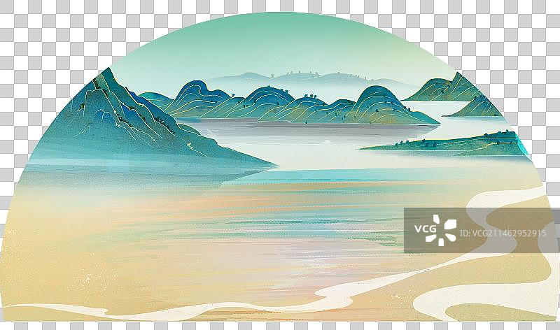 扇面风景系列-国潮风山水元素图片素材