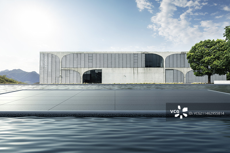 水面上的平台地面与上海龙美术馆，现代建筑空间，汽车广告背景图图片素材
