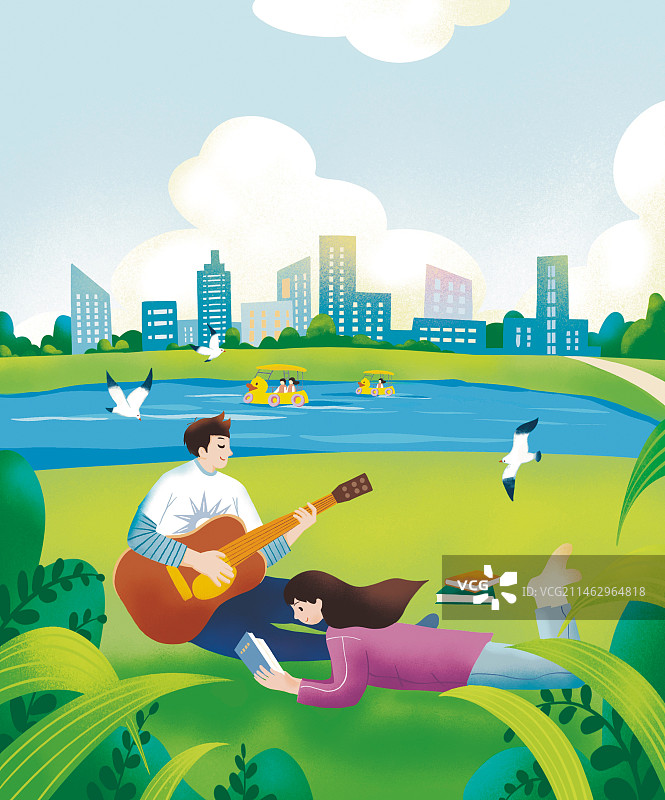 公园休闲看书遛狗长椅背影情感男女爱情美景城市插画扁平风格图片素材