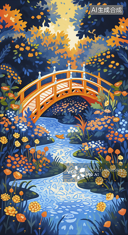 【AI数字艺术】春天小桥流水自然风景插画图片素材