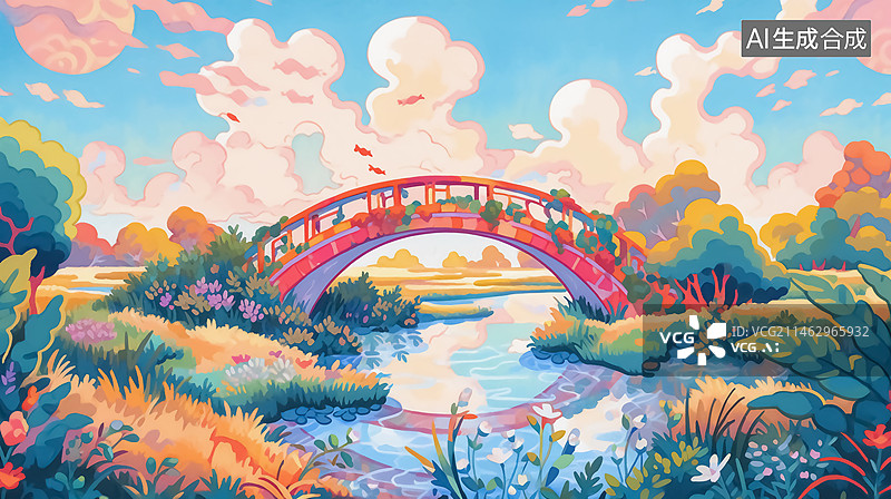 【AI数字艺术】春天小桥流水自然风景插画图片素材