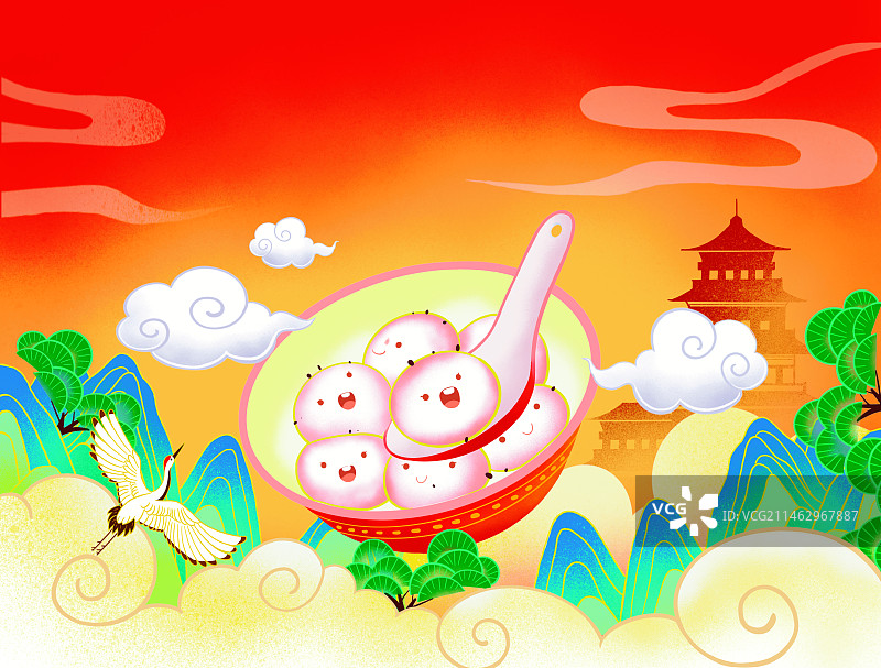 国风国潮风一碗汤圆元宵节卡通图片图像祥云可爱红图片素材