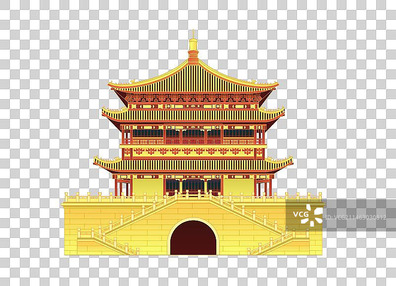 西安古城楼钟楼国潮风矢量建筑插画图片素材