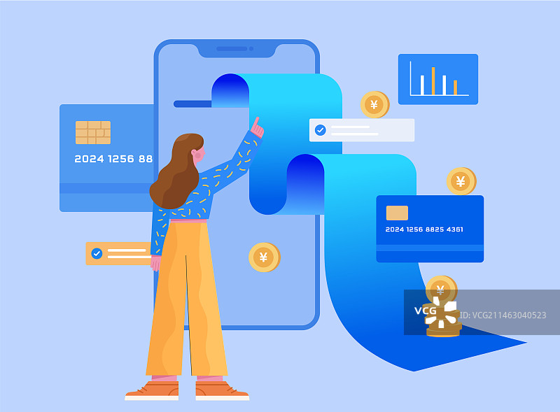 女生在查询信用卡账单运营扁平风矢量插画图片素材