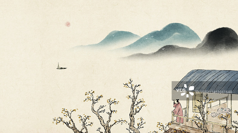 中国风著名诗人站在楼台前遥望远处的小船文学插画图片素材