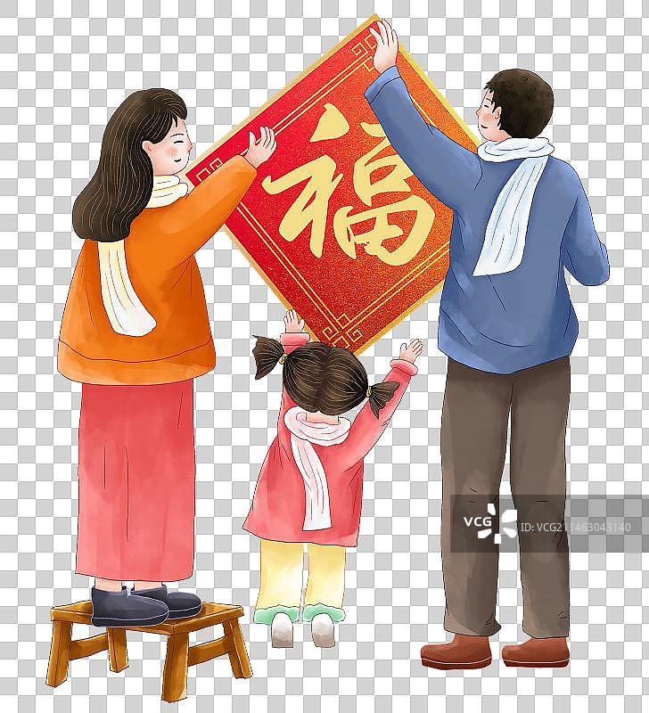 小清新冬季一家三口新年贴窗花图片素材