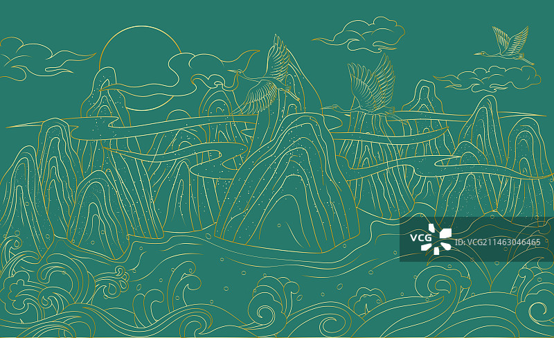 中国风线条山水画矢量插画图片素材