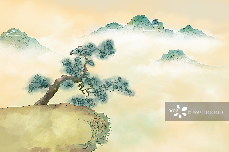 中国风水墨地形黄山云海松树 重阳登高背景图片素材