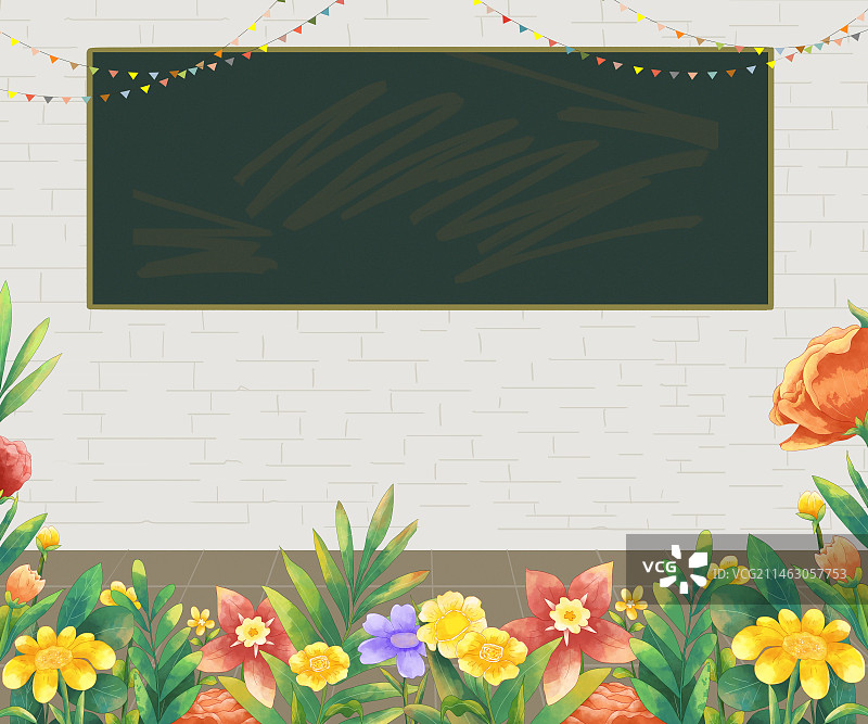 夏天鲜花教室里黑板插画背景图片素材