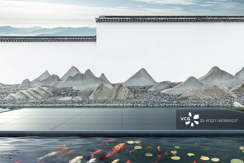 水面上的平台地面与苏州博物馆建筑，现代建筑空间，汽车广告背景图片素材