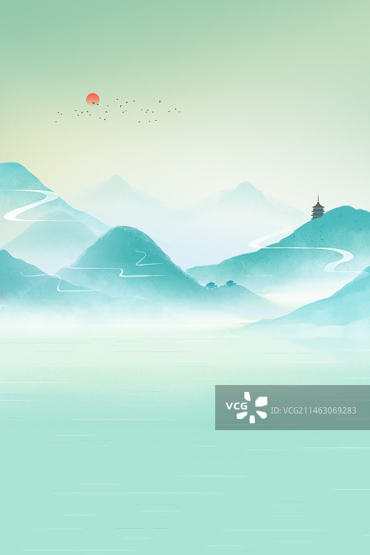 中国风蓝色意境山水画背景图片素材