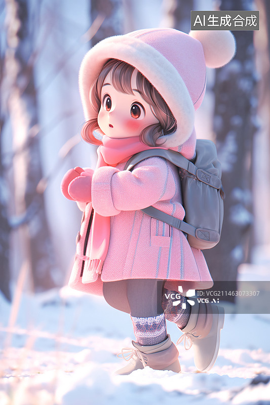 【AI数字艺术】立冬节气，寒冷冬天雪地里小孩在玩耍3D插图图片素材