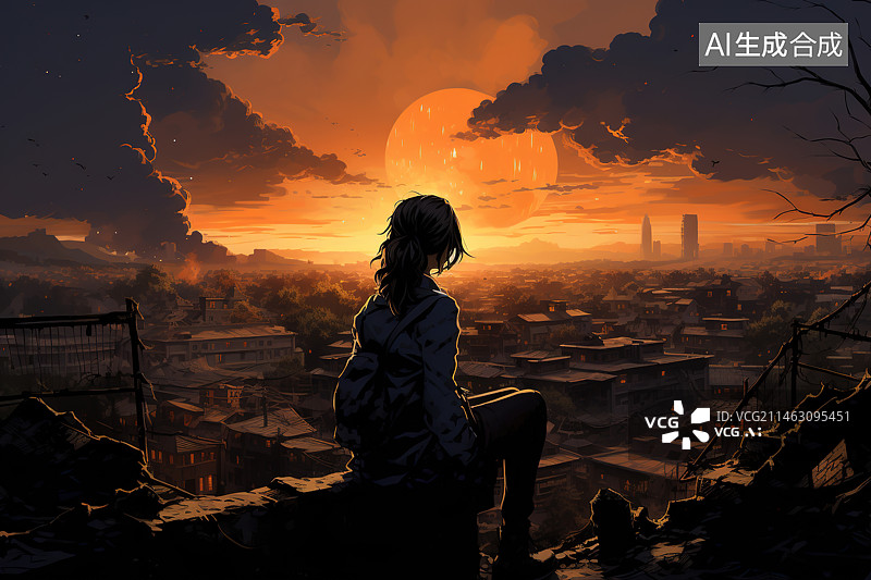 【AI数字艺术】女孩站在废墟上看着家园图片素材