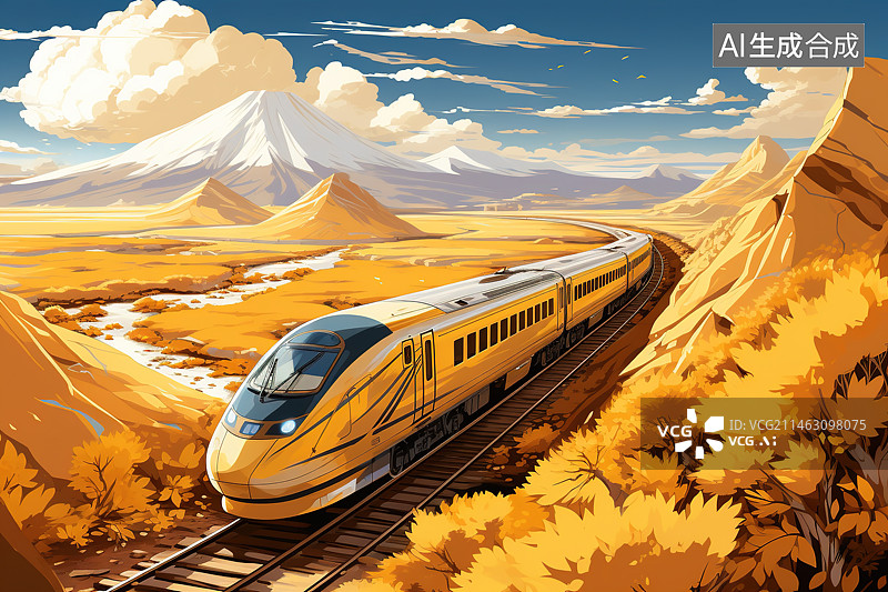 【AI数字艺术】行驶在沙漠隔壁上的高铁插画图片素材