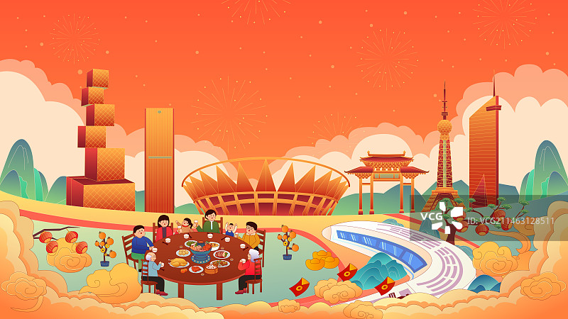 佛山新年城市建筑插画图片素材