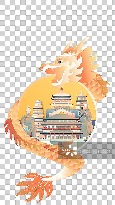 盘龙西安建筑竖版矢量元素图片素材