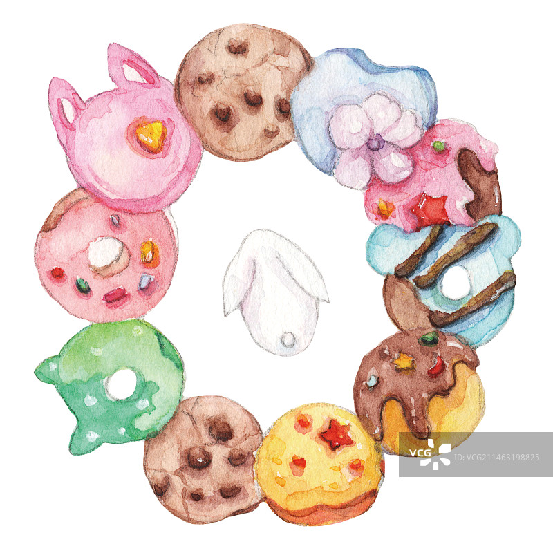 白色背景上的水彩手绘可爱的创意甜甜圈和面包饼干零食的高角度视图图片素材