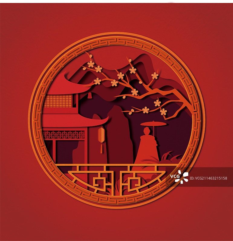 古风剪纸风插画图片素材