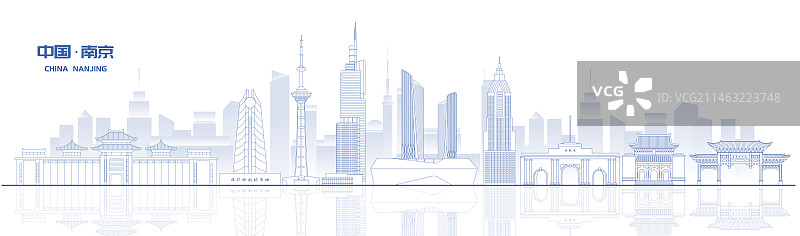 南京城市地标建筑蓝色线稿矢量插画海报图片素材