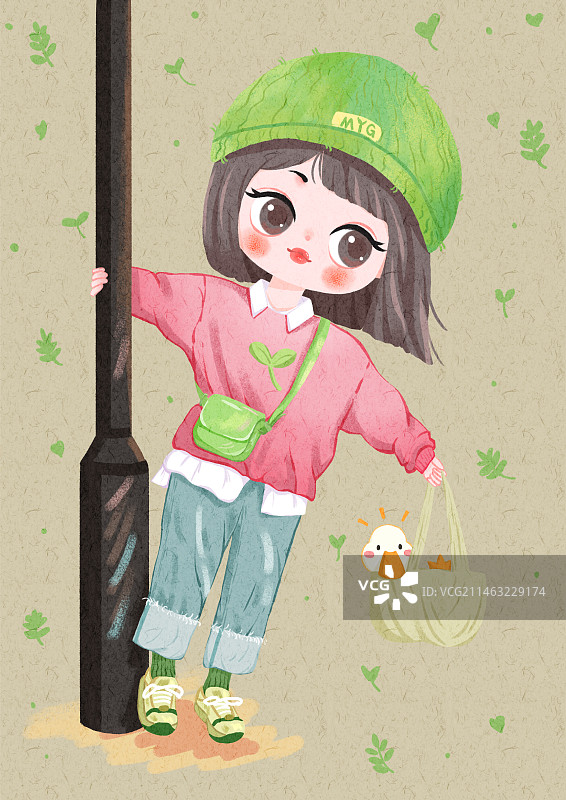 扁平肌理风Q版人物插画——女孩与鸭鸭图片素材