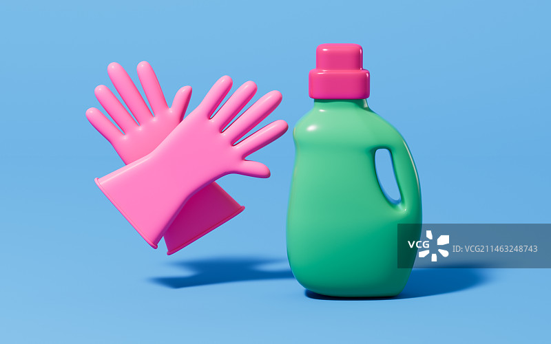 橡胶手套和洗衣液3D渲染图片素材