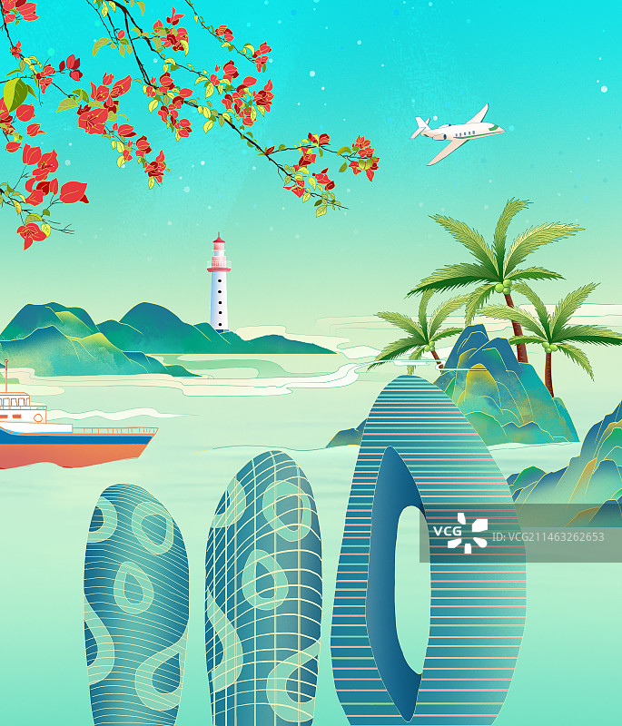 海南三亚城市天际线建筑地标插画  自贸港三亚情人湾灯塔  国潮风城市地标建筑插画图片素材