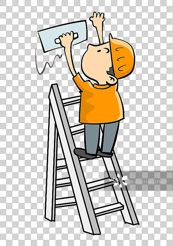 站在梯子上工作的建筑工人图片素材