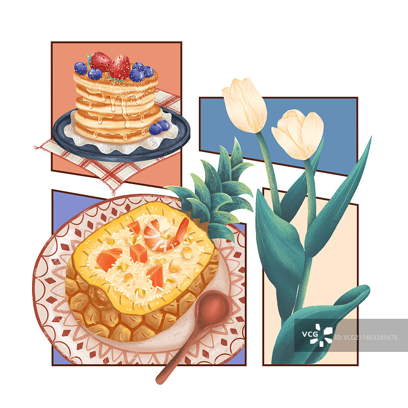 菠萝饭松饼鲜花拼接风格插画图片素材