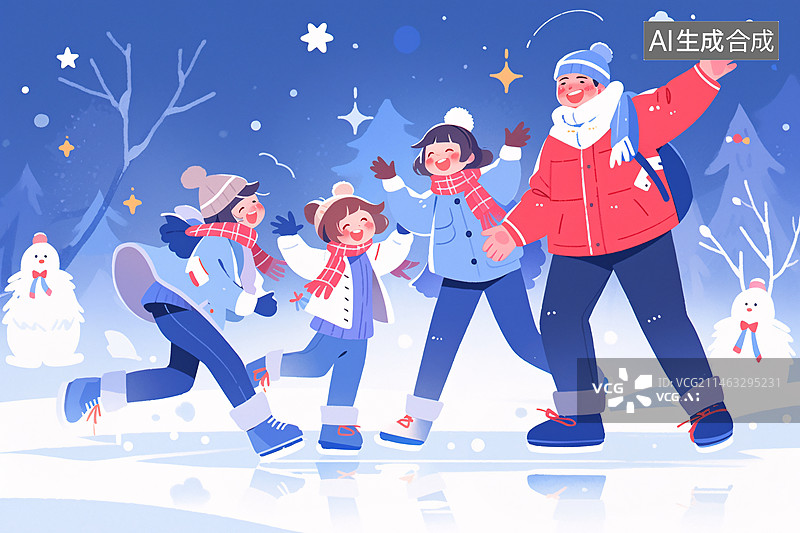 【AI数字艺术】立冬节气插画，冬季一家人户外滑冰运动概念插图图片素材