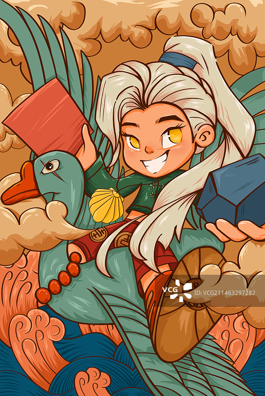 女孩骑在飞翔的大鹅身上图片素材