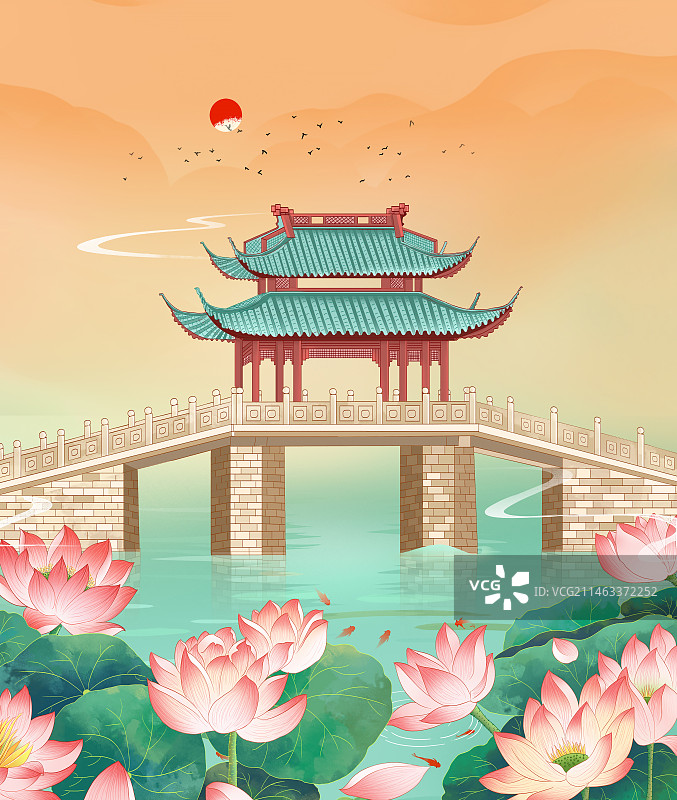 杭州西湖十景国潮风插画 曲院风荷美景 苏州园林 国潮风城市地标建筑插画图片素材