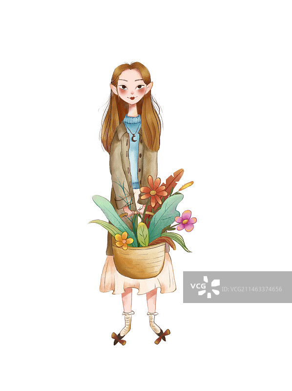 提花篮的姑娘图片素材