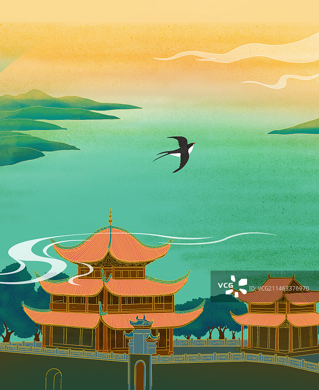 岳阳地标建筑岳阳楼洞庭湖 国潮风城市地标建筑插画图片素材