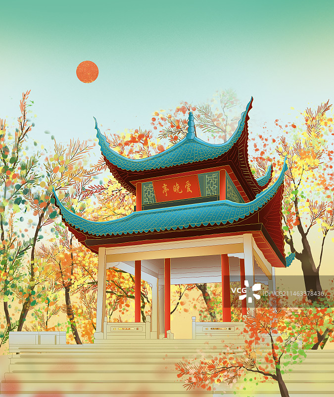 长沙地标建筑爱晚亭 国潮风城市地标建筑插画图片素材