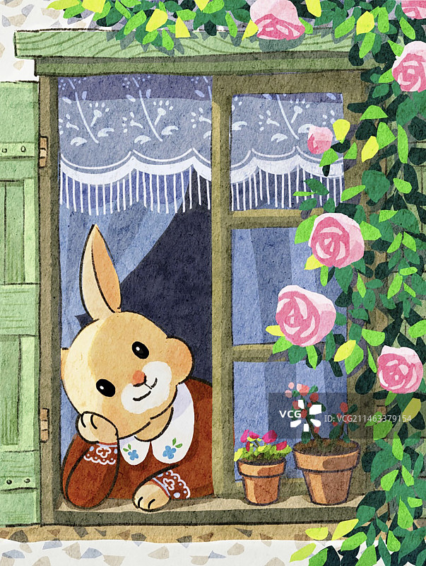 兔子窗边的蔷薇花图片素材