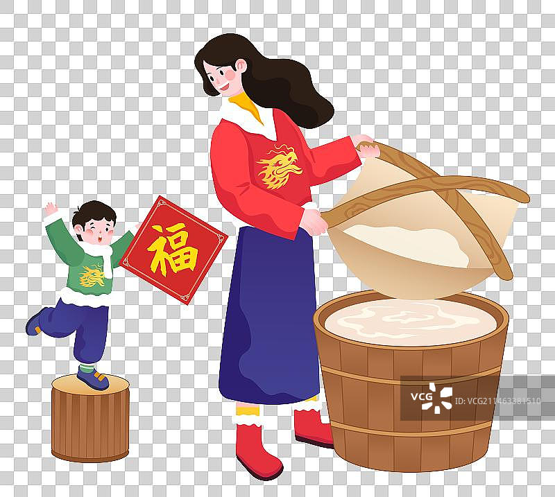 春节年俗插画腊月二十五推磨做豆腐家庭矢量人物元素图片素材