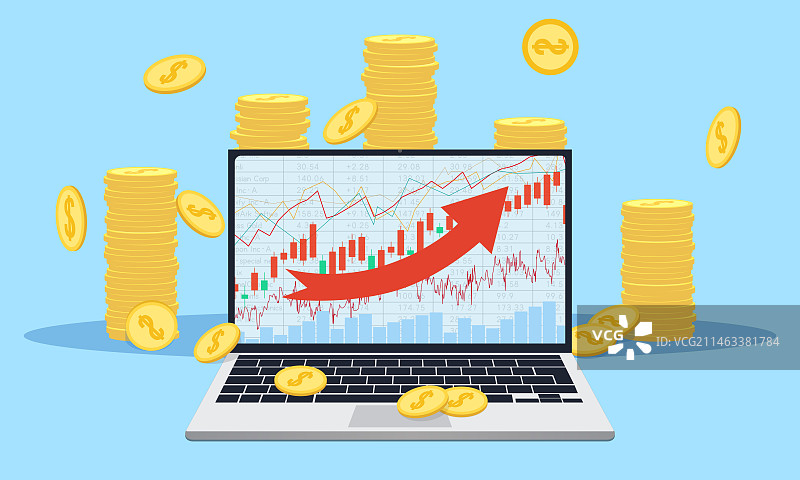 地上撒落大量的金币电脑上的股市走势图图片素材
