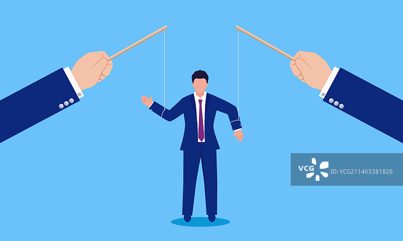 双手操纵一个商务男人，操纵市场的概念插画图片素材