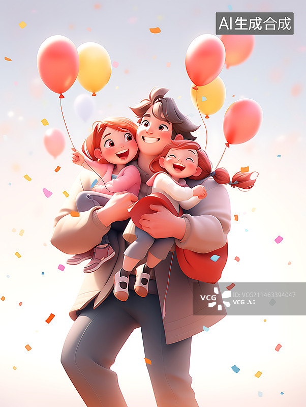 【AI数字艺术】3D人物角色爸爸带着两个可爱的女儿玩耍图片素材