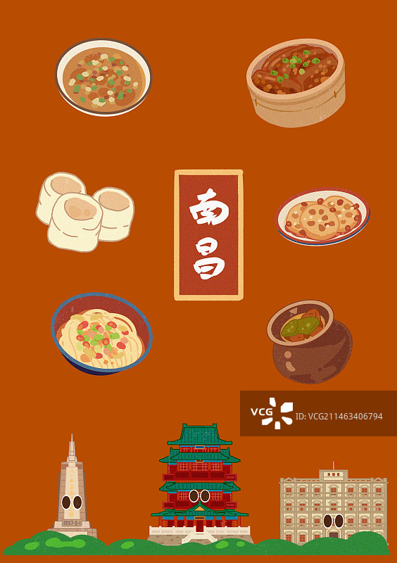 卡通江西南昌城市地标美食插画图片素材