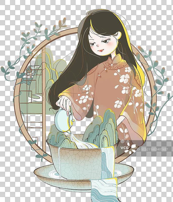 中国风女孩倒茶唯美插画图片素材