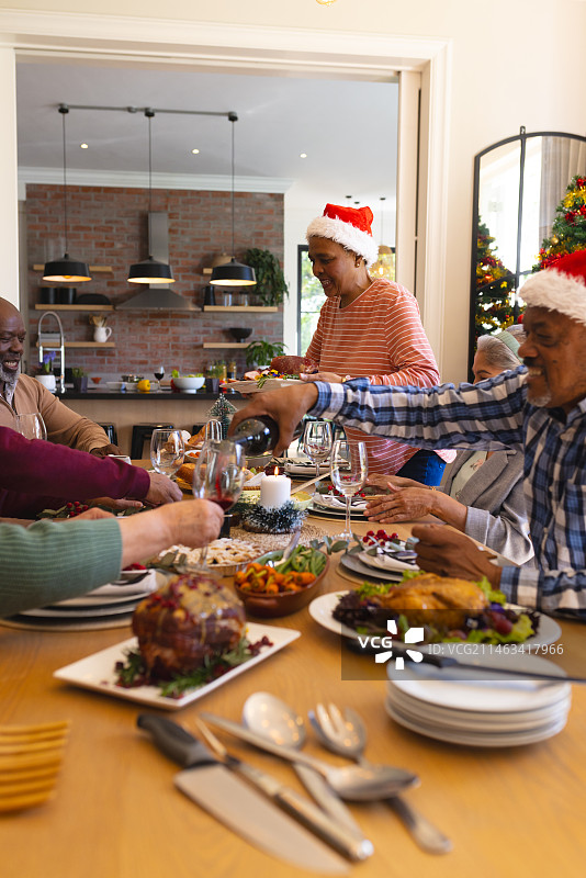 一群年长的朋友在阳光明媚的家中庆祝圣诞晚餐图片素材