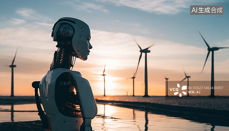 【AI数字艺术】夕阳下的风力发电机和机器人图片素材