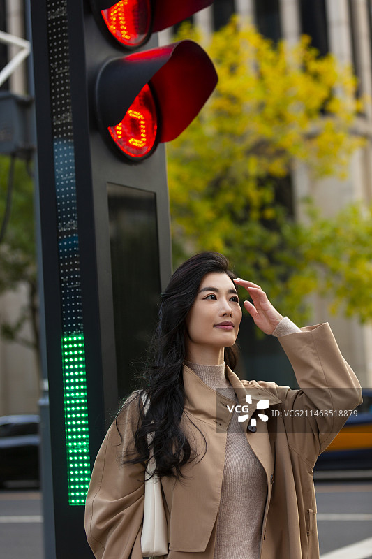 高知女商人在路口等红绿灯图片素材