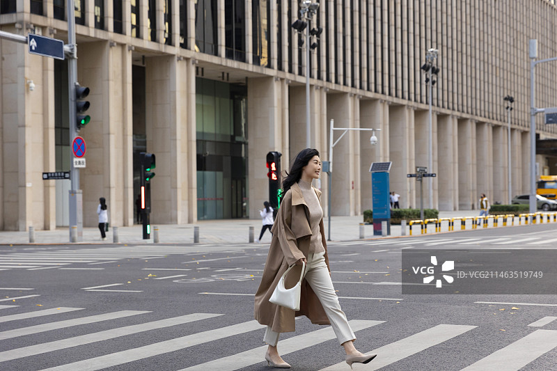 高知女商人拿着手提包过马路图片素材