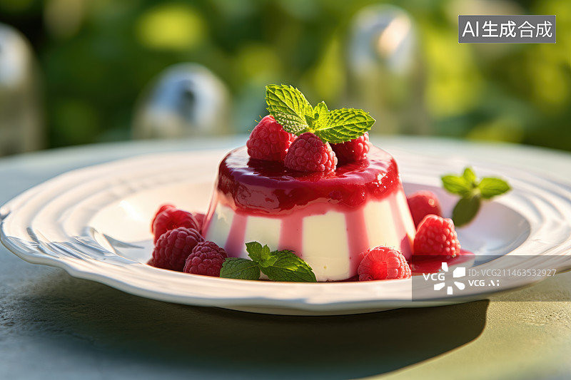 【AI数字艺术】点缀有薄荷叶的覆盆子蛋糕图片素材