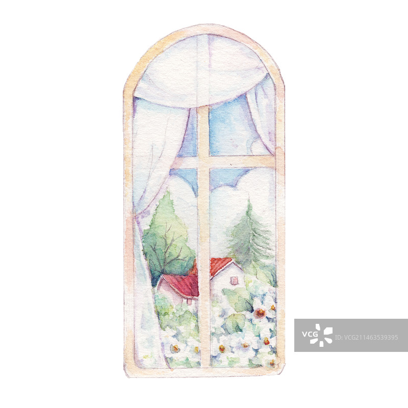 水彩手绘插画一扇室内住宅家具落地装饰窗户图片素材
